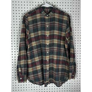 Chaps Plaid button down Henley linen blend top